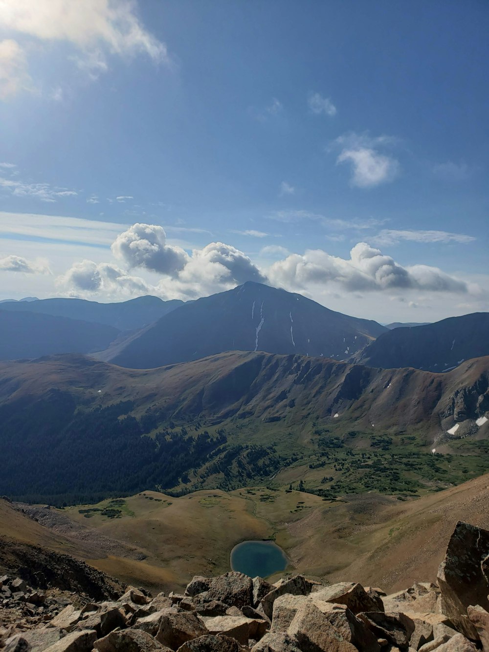 a mountain range with a blue pool