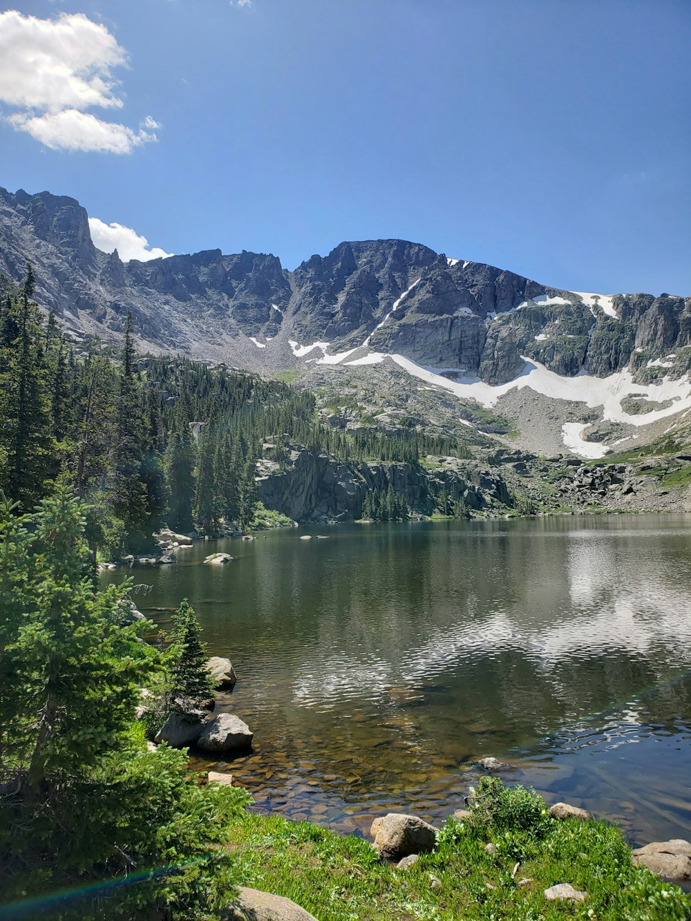 a lake with mountains in the background