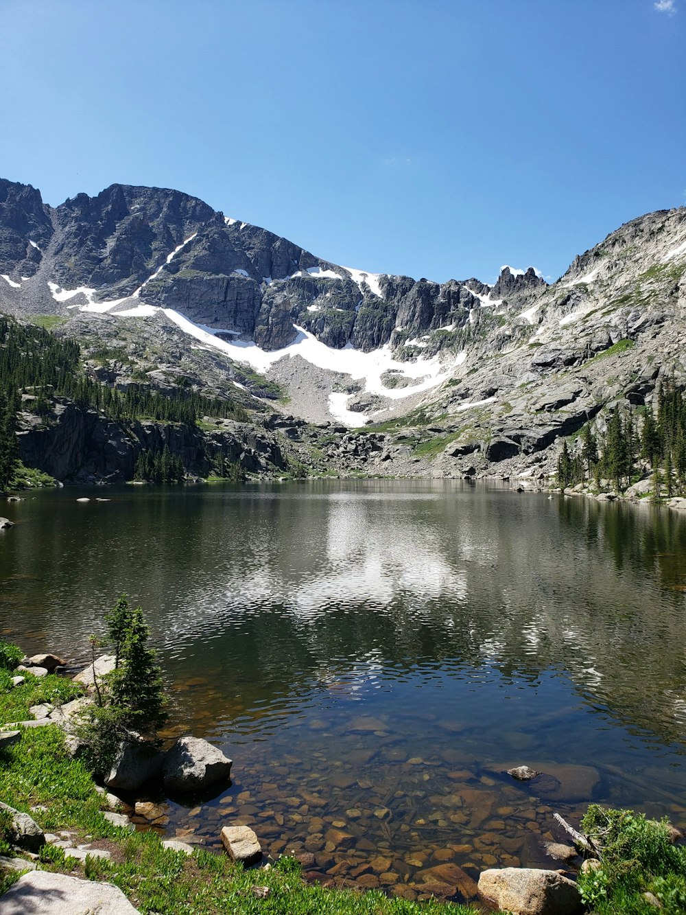 a lake in front of a mountain