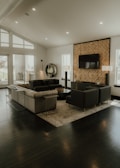 a living room with a fireplace