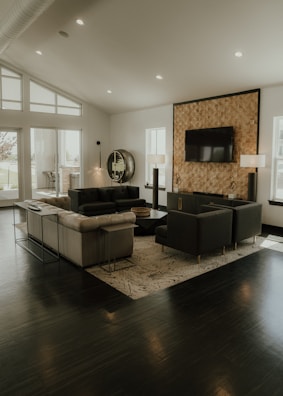 a living room with a fireplace