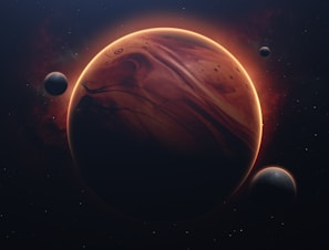 A large, swirling planet with a reddish-brown surface and visible atmospheric bands, accompanied by several smaller moons. The scene conveys a sense of vastness and mystery, with stars scattered in the dark backdrop of space.