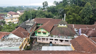 Aerial view of a village with buildings featuring red-tiled roofs, surrounded by dense green trees and vegetation. In the center, a building with a distinct green facade and a small dome stands out. People and a vehicle are visible in the courtyard area. Various structures and rooftops are seen in the vicinity, indicating a residential neighborhood.