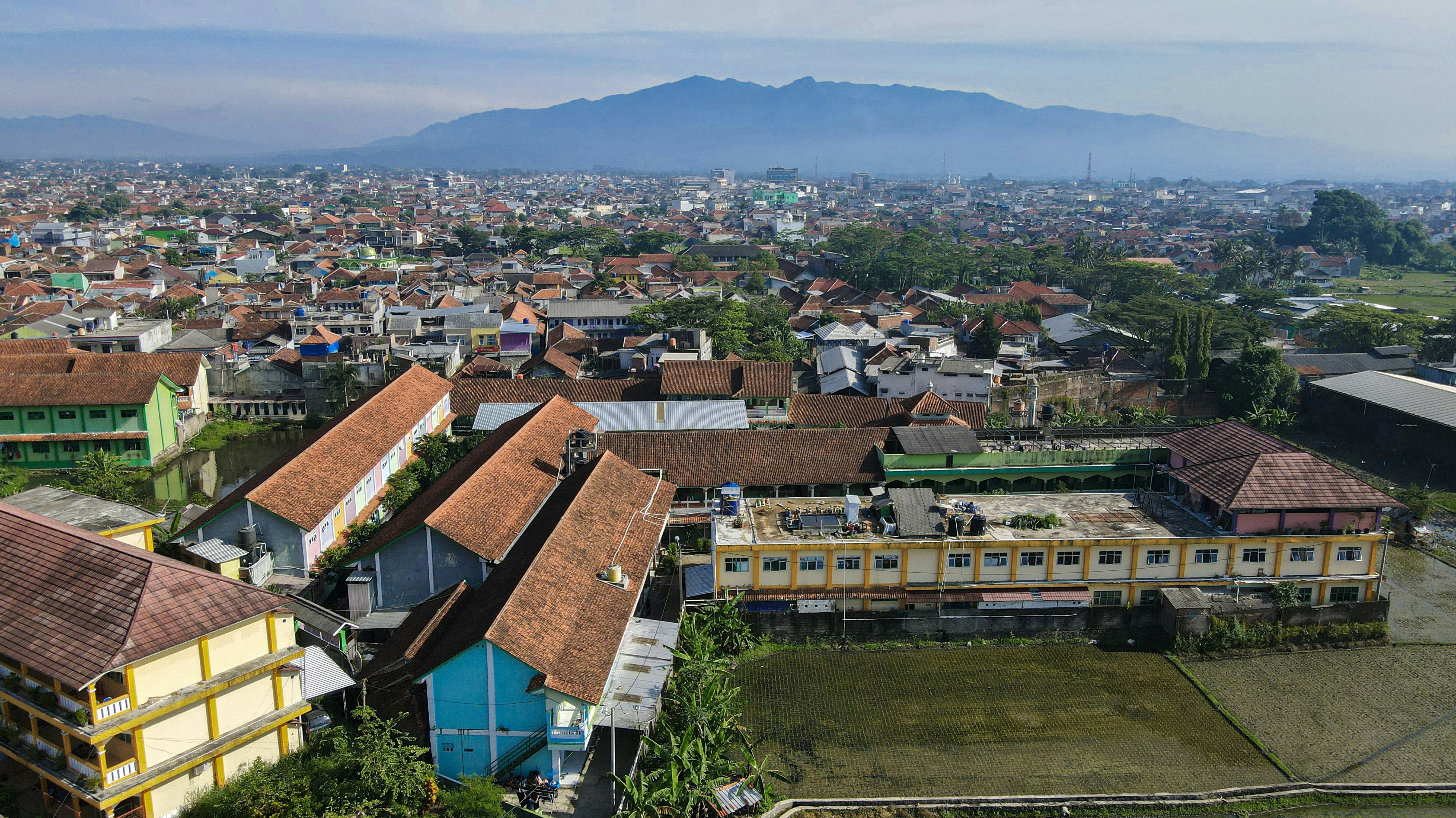 Un grupo de edificios con árboles y montañas al fondo