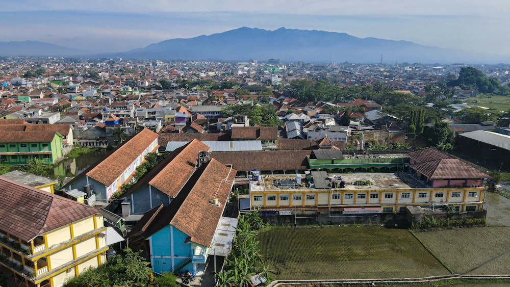 a group of buildings with trees and mountains in the background