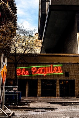 A neon sign with the words 'The Esquire' in red cursive script and green underline is mounted on the exterior of a building. The street view captures the gritty urban environment with a paved sidewalk, a leafless tree, and a construction site sign in the foreground. Modern architecture, characterized by large overhangs and straight lines, looms above the building.