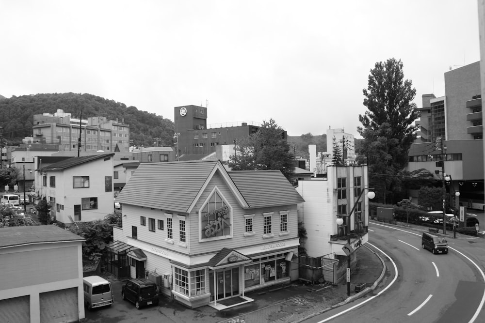 a group of buildings next to a road