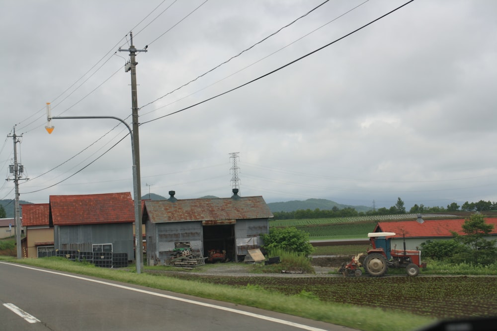 a tractor parked outside a building