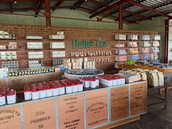 A spacious store interior with shelves stocked with various tea products. The shelves are made of wood and hold boxes and tins of tea neatly arranged. The logo 'Haple Tea' is displayed on the brick wall. The foreground features wooden tables with additional tea products, including tins with red lids and brown paper bags.