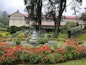 a garden with a fountain and flowers