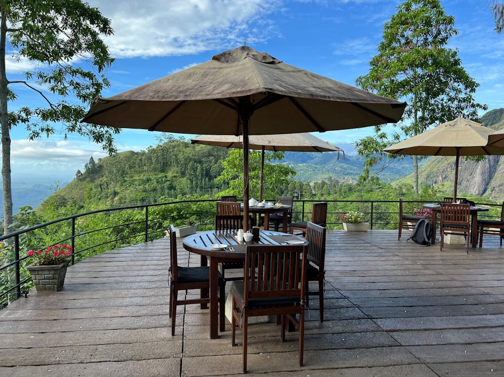 a table and chairs on a deck