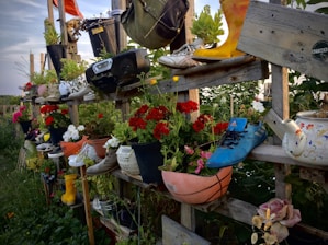 A collection of garden accessories displayed in a vibrant garden.