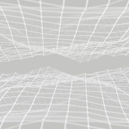 A series of interconnected, white, wireframe grids float and undulate across a light gray background, creating a sense of depth and movement.
