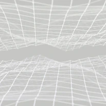 Close-up of a sleek 3D animated grid with particles flowing smoothly over dark background.