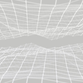 A series of interconnected, white, wireframe grids float and undulate across a light gray background, creating a sense of depth and movement.