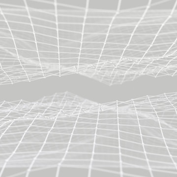 A series of interconnected, white, wireframe grids float and undulate across a light gray background, creating a sense of depth and movement.