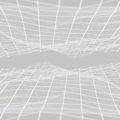 A series of interconnected, white, wireframe grids float and undulate across a light gray background, creating a sense of depth and movement.