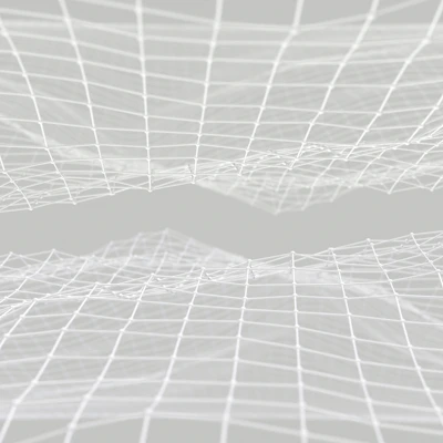 Close-up of a sleek 3D animated grid with particles flowing smoothly over dark background.