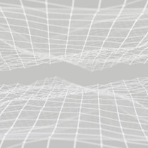 A series of interconnected, white, wireframe grids float and undulate across a light gray background, creating a sense of depth and movement.
