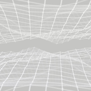 A series of interconnected, white, wireframe grids float and undulate across a light gray background, creating a sense of depth and movement.