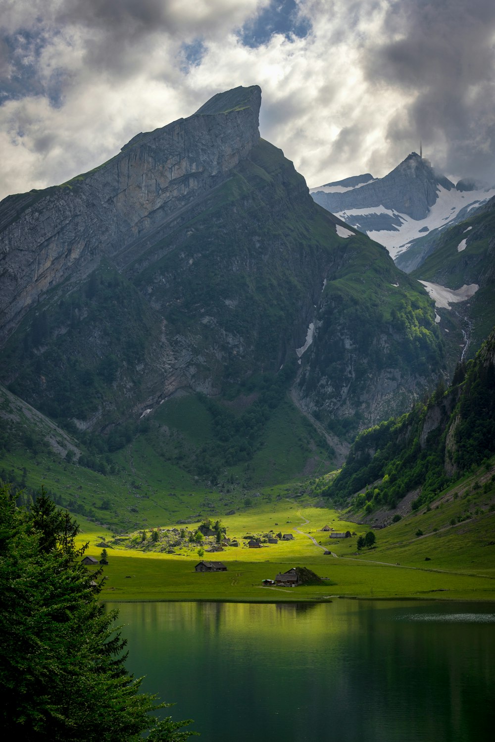a lake between mountains
