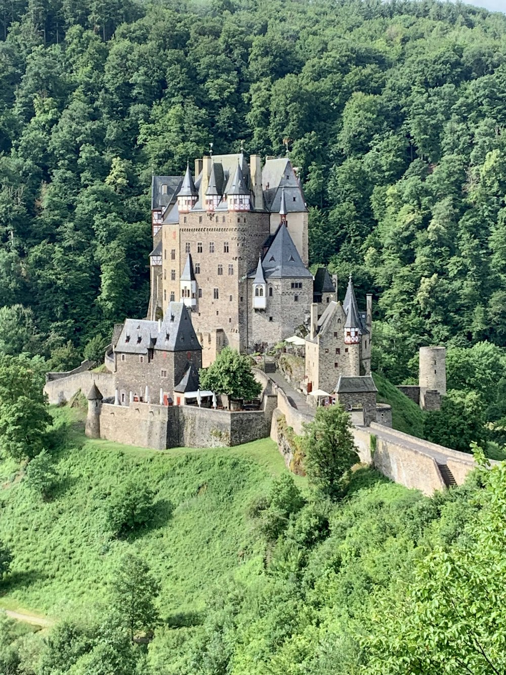 a large castle on a hill with Eltz Castle in the background