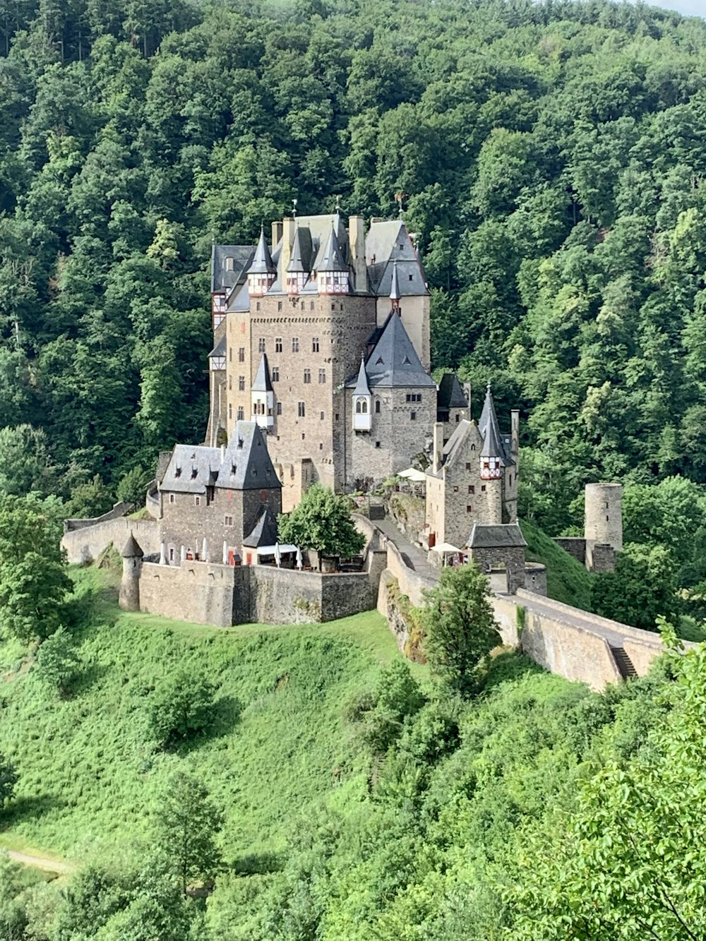 eine große Burg auf einem Hügel mit der Burg Eltz im Hintergrund