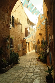 a narrow alley between two buildings
