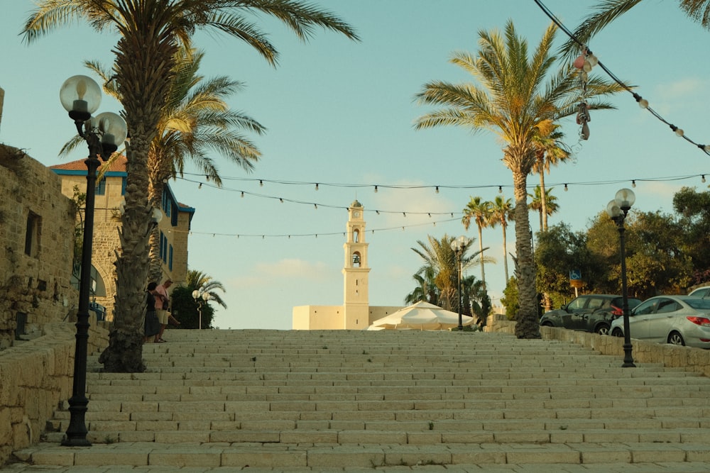 a stone wall with palm trees and a tower in the background