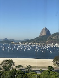 Several sailboats are anchored in a calm bay with a sandy beach in the foreground. The iconic Sugarloaf Mountain rises prominently in the background under a clear blue sky. Lush green trees border the beach alongside a roadway.