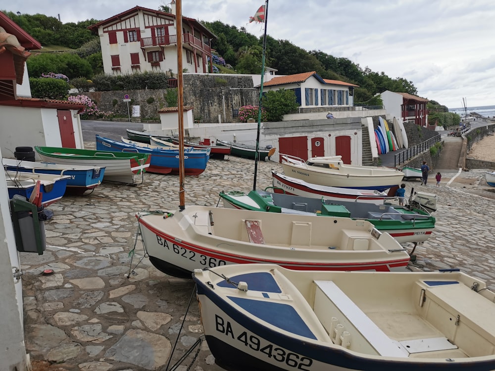 boats parked on the shore