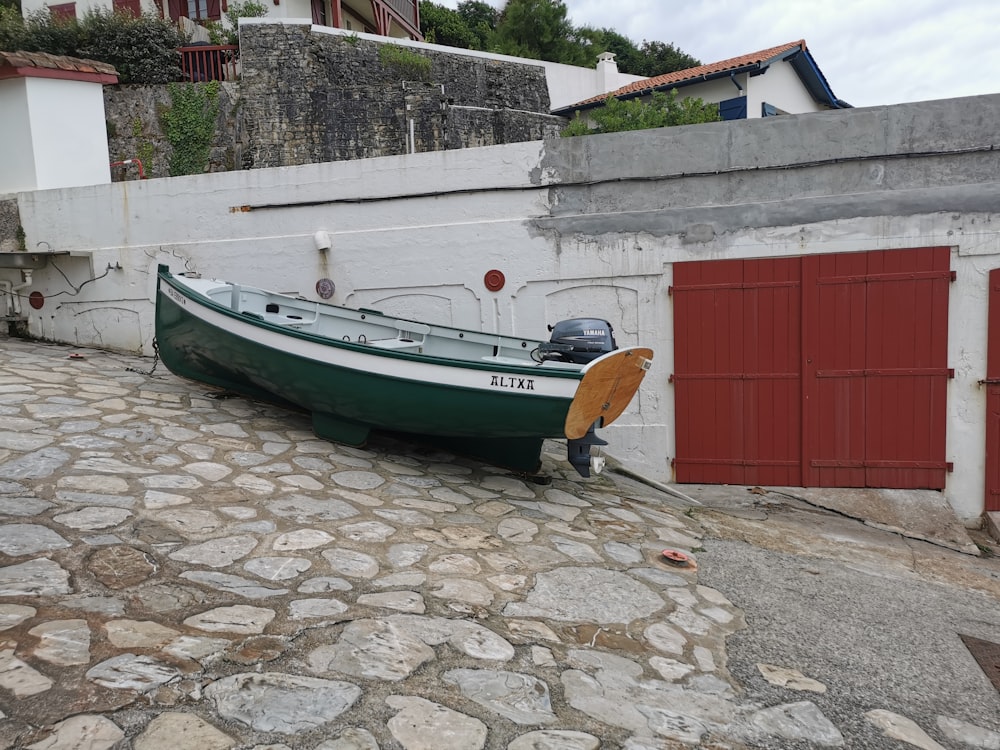 a boat on a stone path