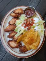 Golden crispy chimichangas served with sides of guacamole and salsa roja.