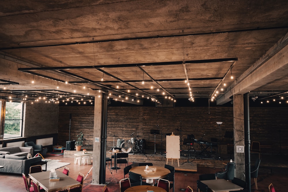 a room with tables and chairs