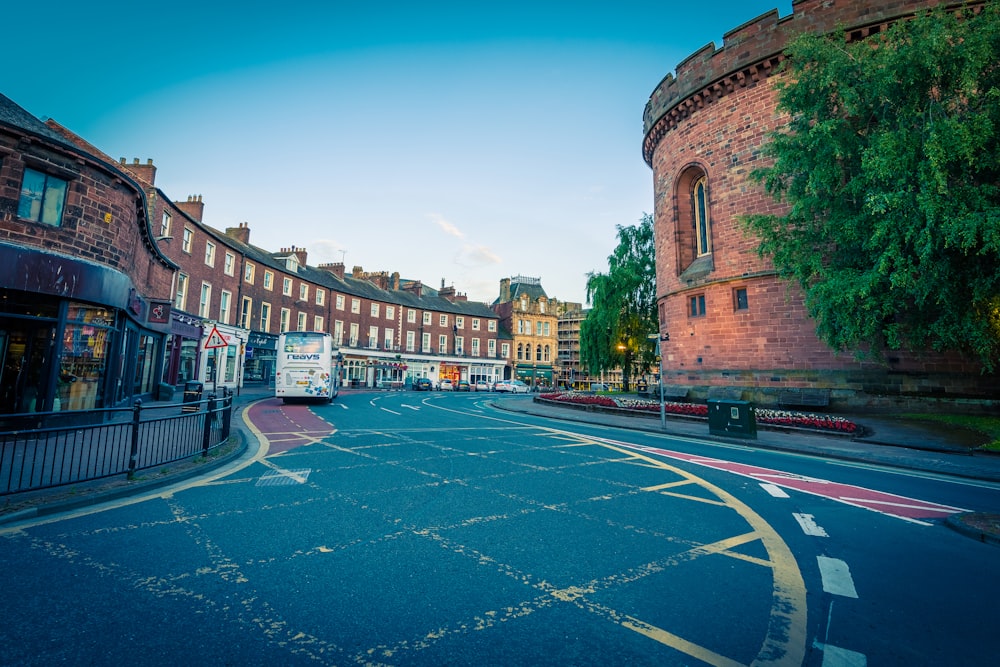 a city street with buses