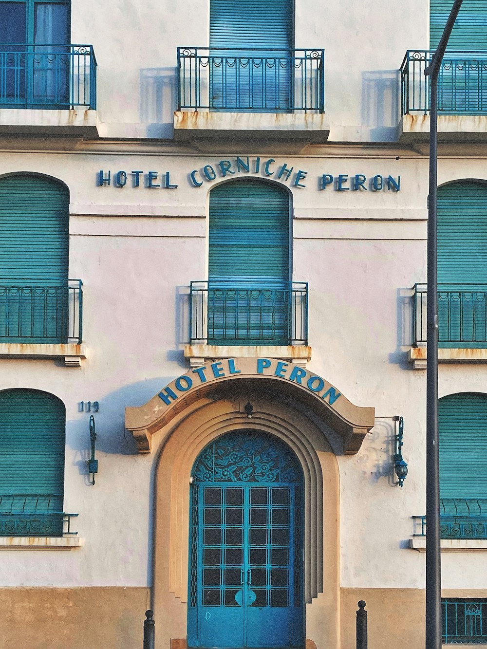 a building with blue doors