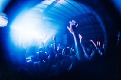 Crowd swaying in unison, bathed in deep blue and purple hues.