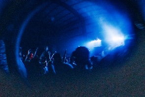 In a dimly lit indoor setting, silhouettes of people are visible, with their arms raised, seemingly enjoying a lively music event. The scene is bathed in vibrant blue lighting, creating an energetic and immersive atmosphere.