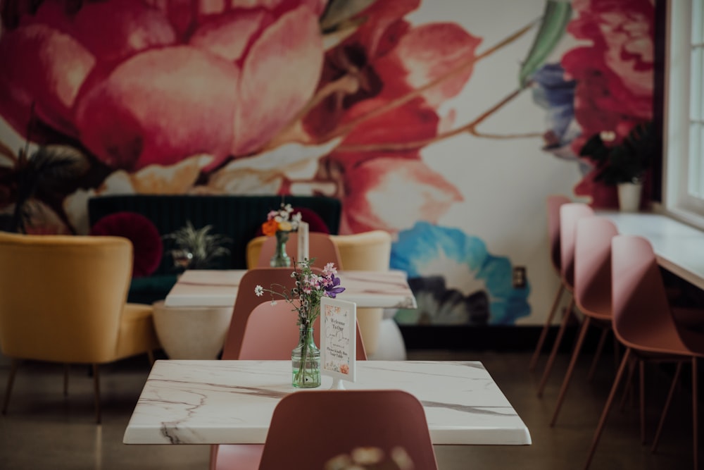 a table with a vase of flowers