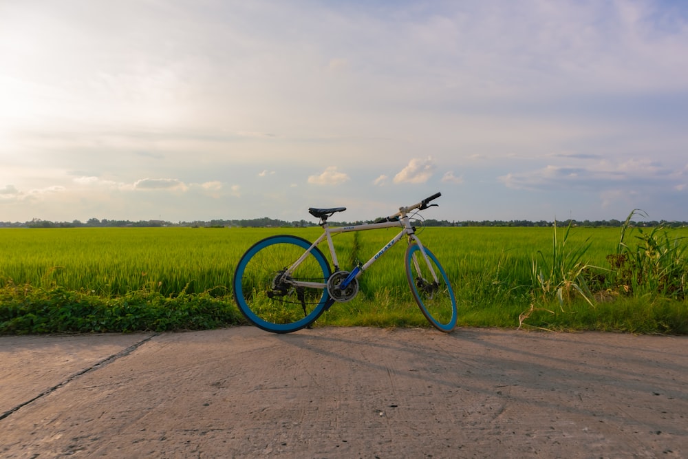 a bicycle parked on a road