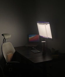 A dimly lit workspace with a dark wooden desk, featuring a modern ergonomic chair with a mesh backrest and lumbar support cushion. A large monitor displays a light-colored application interface, and a laptop with a colorful desktop background is positioned slightly open. On the desk are a keyboard, a mouse, a cylindrical container, and a small plant in a pot.