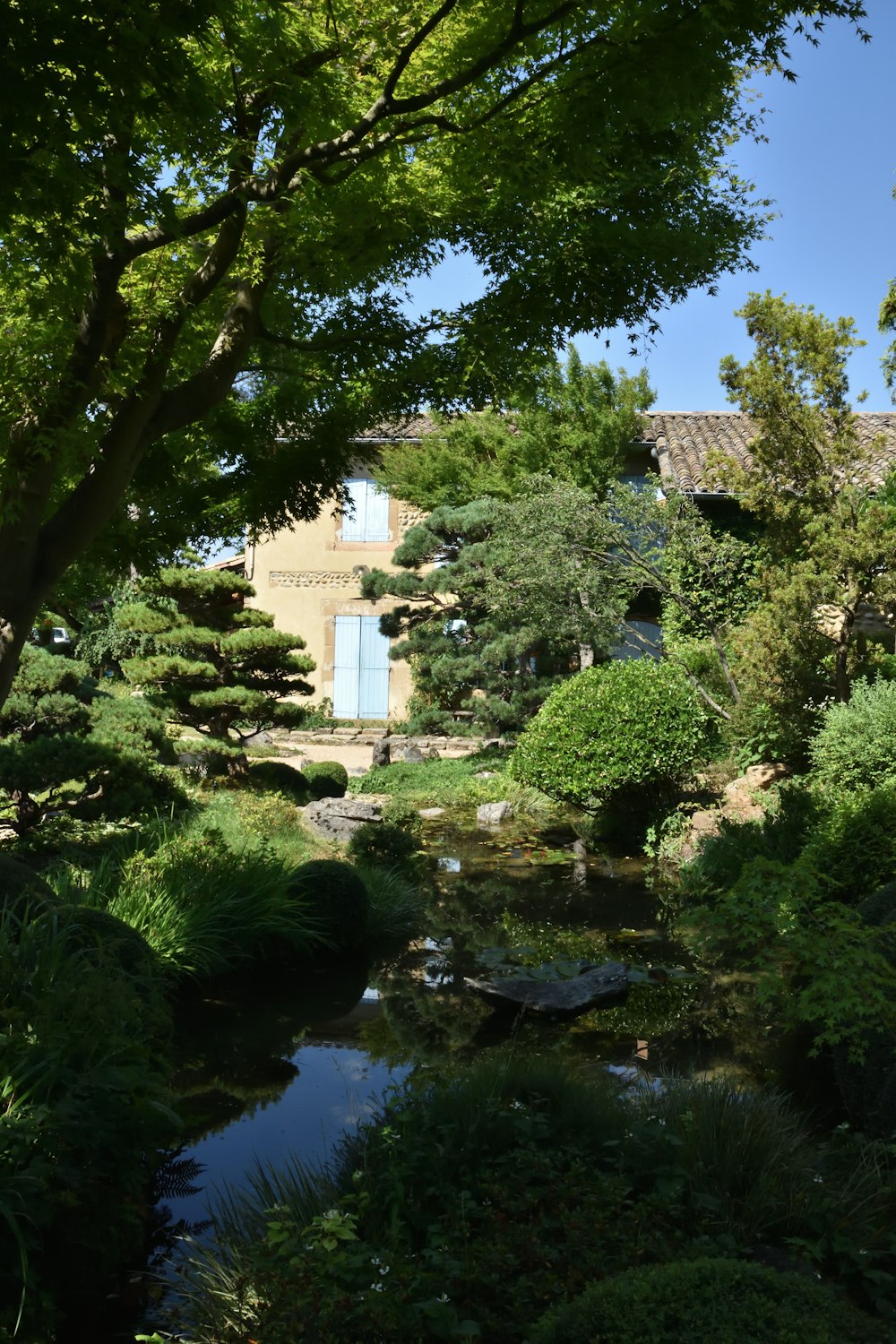 a building with a pond in front of it