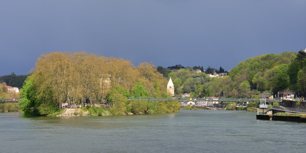 a body of water with trees and buildings around it