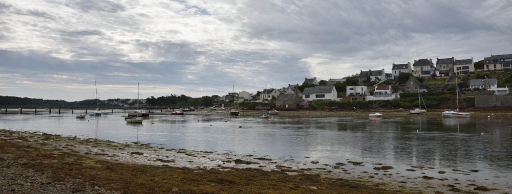 a body of water with boats in it and houses in the back