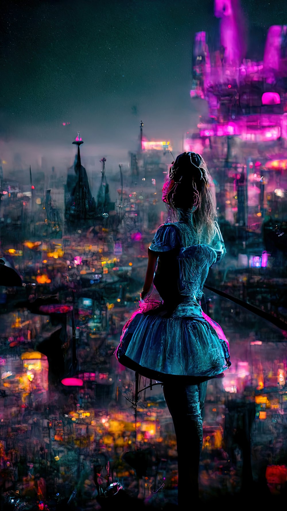 a person standing in front of a window with a city skyline in the background