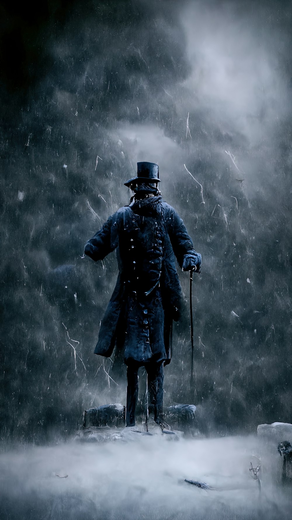 a person in a coat and hat with a cane in the snow