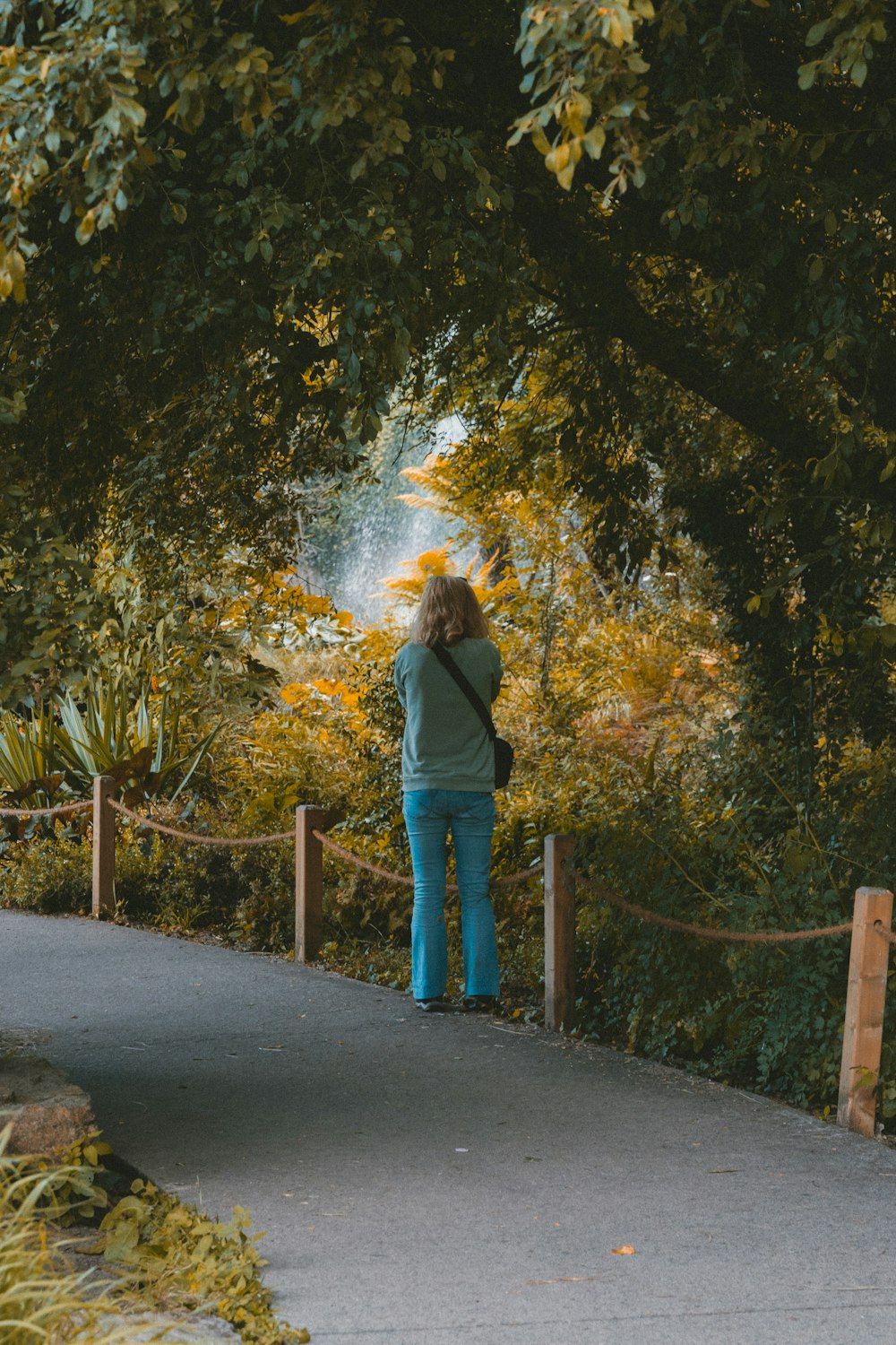 a person standing on a path with a fence and trees on the side