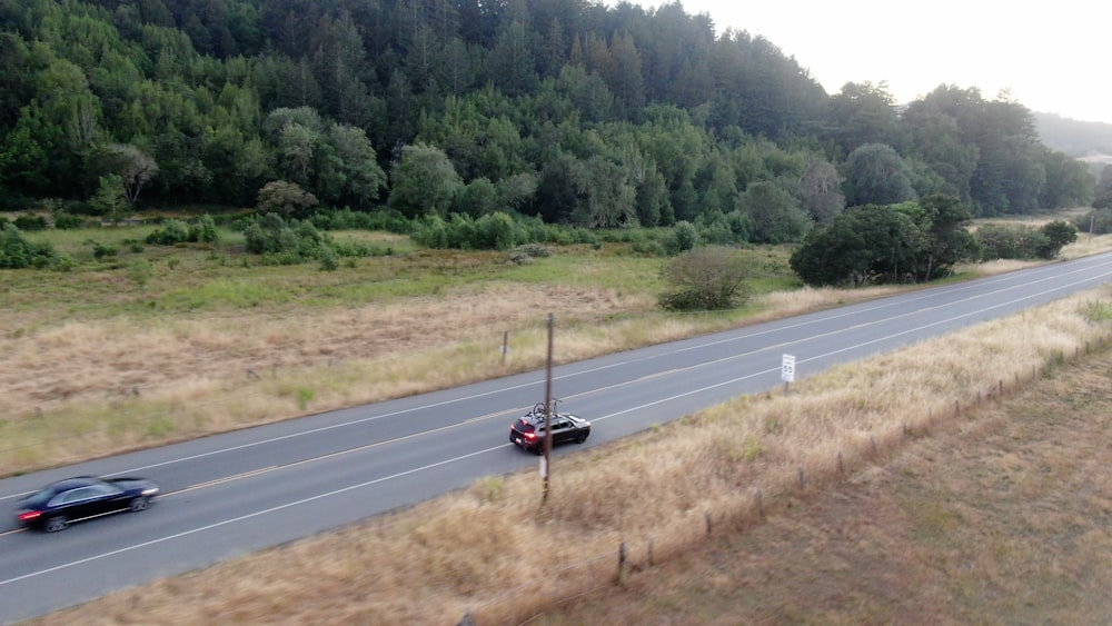 a car on a road with trees on the side