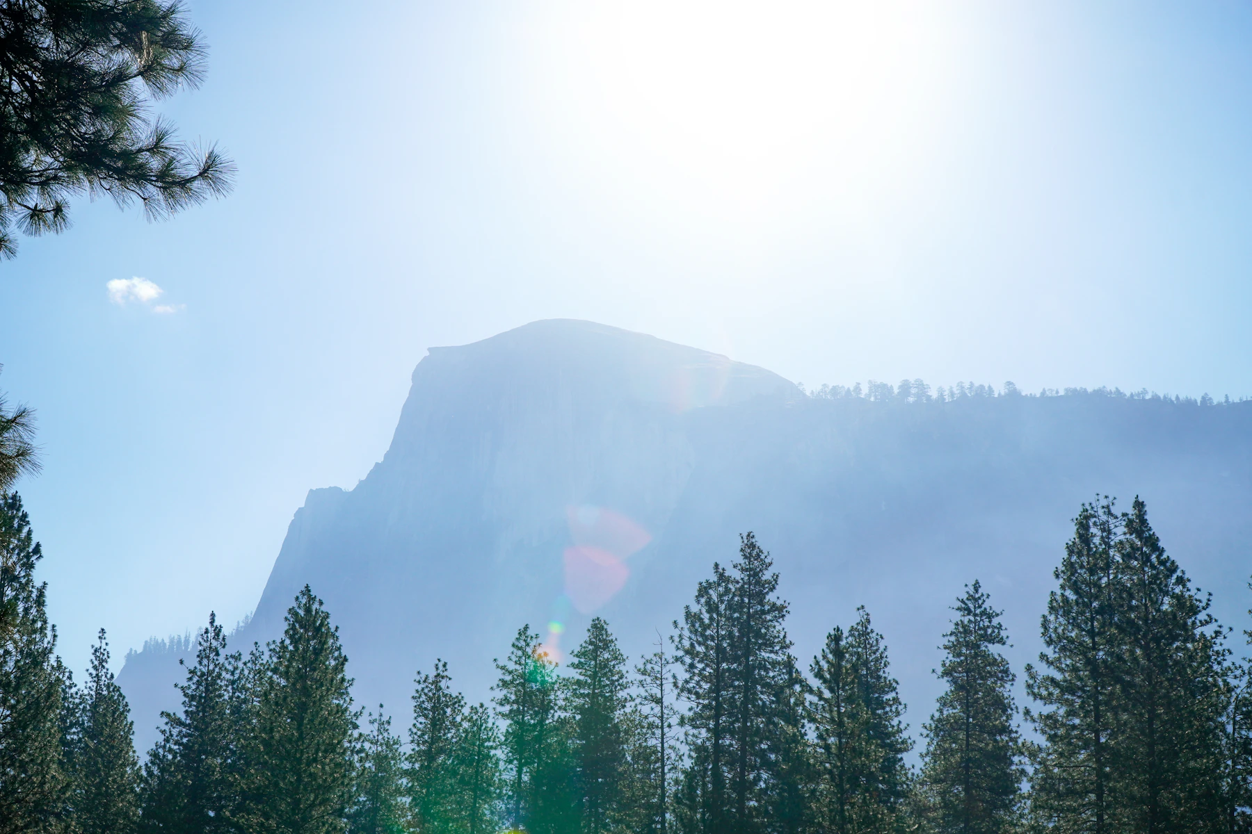 Mist rolling over a forested mountain at first light