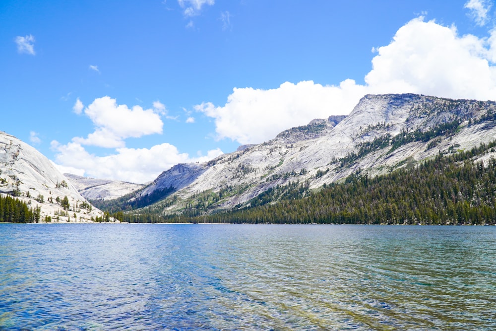 a body of water with mountains in the back